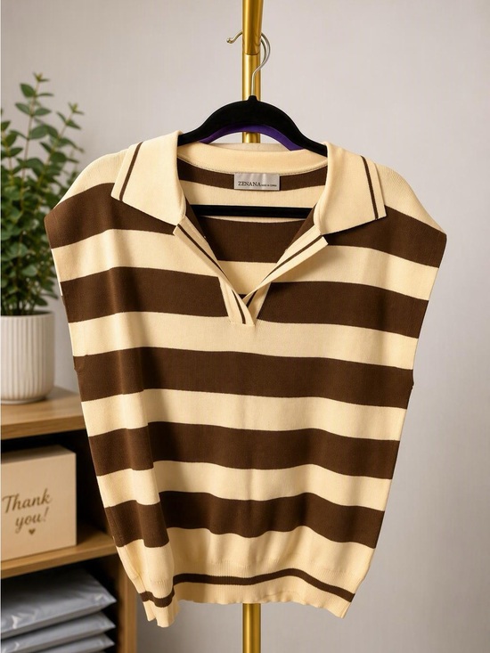 Zenana Outfitters Sweaters - Zenana Outfitters Cream and Brown Striped V-Neck Polo Sweater